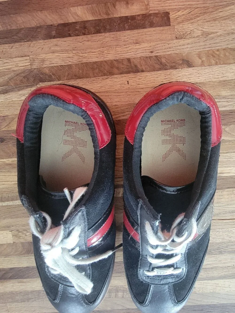 Michael Kors Vintage Black Suede Low Top Lace Up Leather Sneakers Red Trim